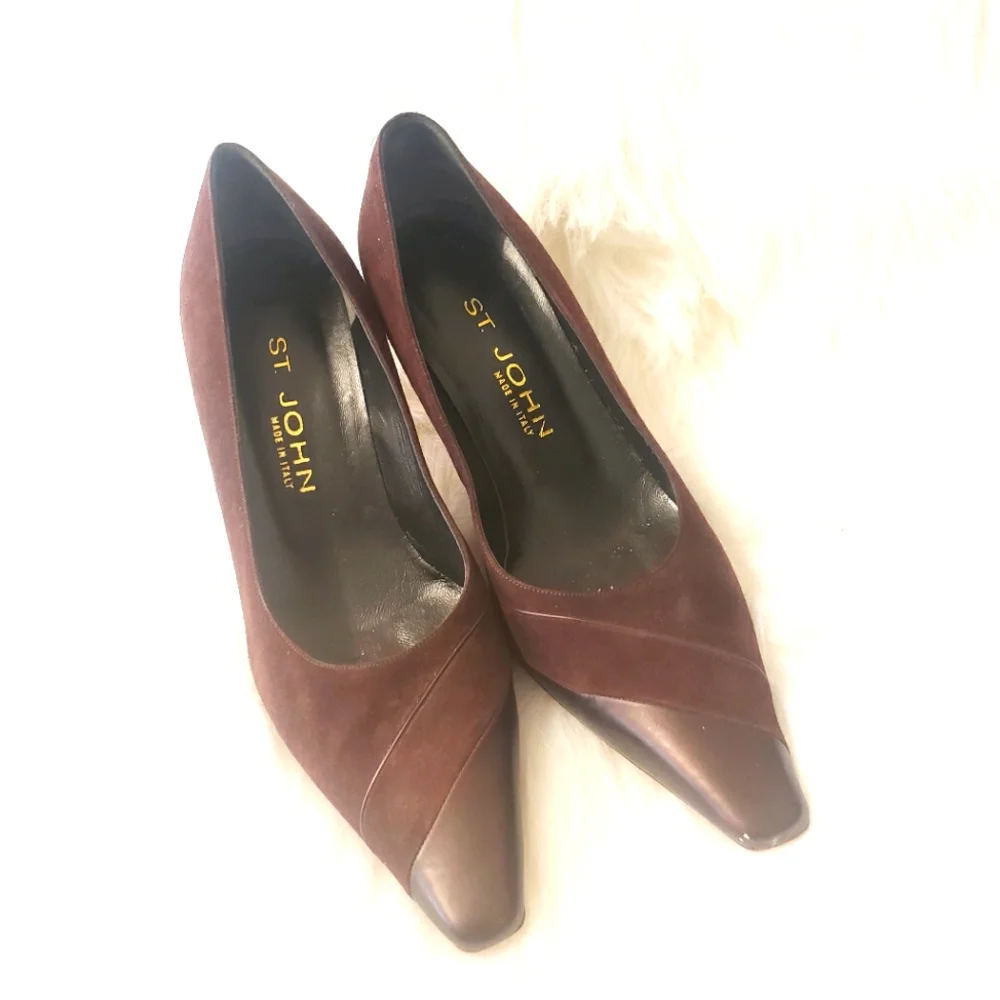 St John Leather & Suede Square Pointy Toe Pumps Size 38.5/US 8